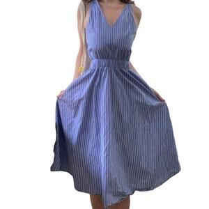 Blue pinstripe a line midi dress